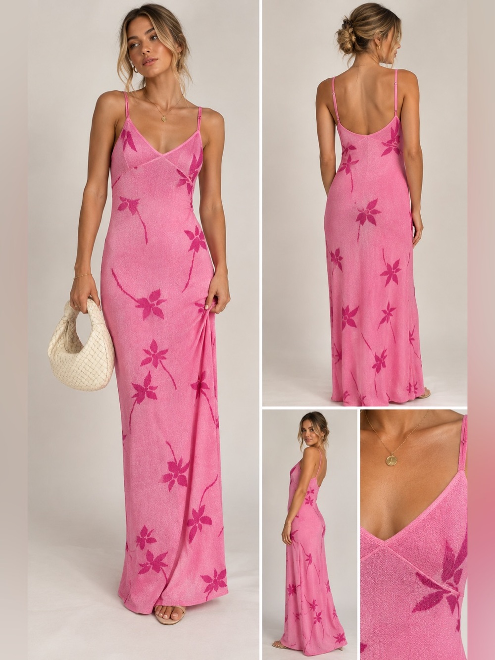 NWT White Fox Trust Issues Maxi Dress S Pink Floral Shimmer Knit Y2K